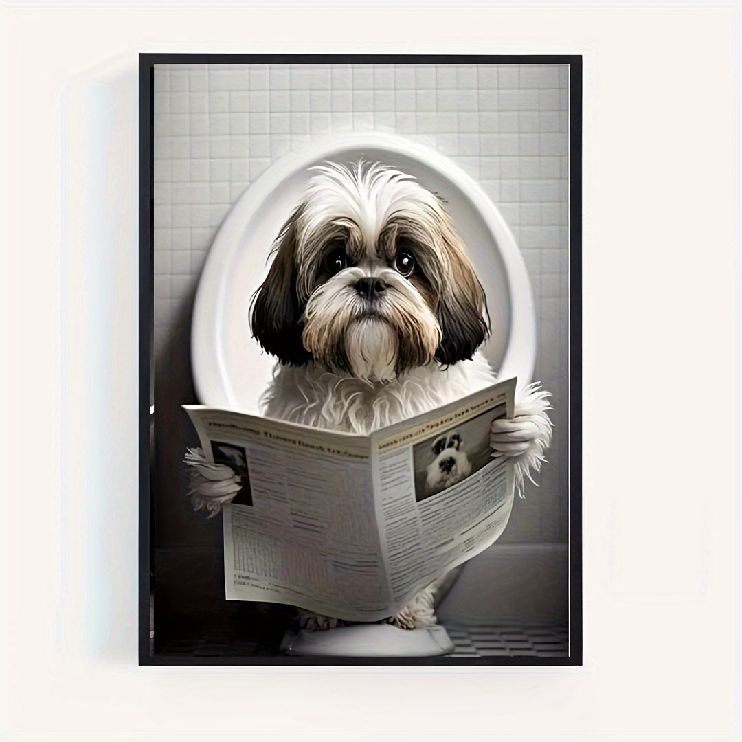 

1pc Frameless Shih Tzu Dog Humorous Bathroom Wall Art Poster With Newspaper Print - 12x16 Inches Decorative Wall Hanging For Home And Restroom Decor