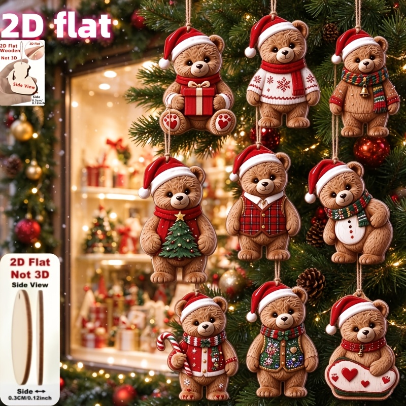TEMU [2D Flat] Set di 9 ornamenti in legno a forma di orsetto di peluche a tema natalizio, decorazioni per le feste di Natale, ornamenti in legno 2D