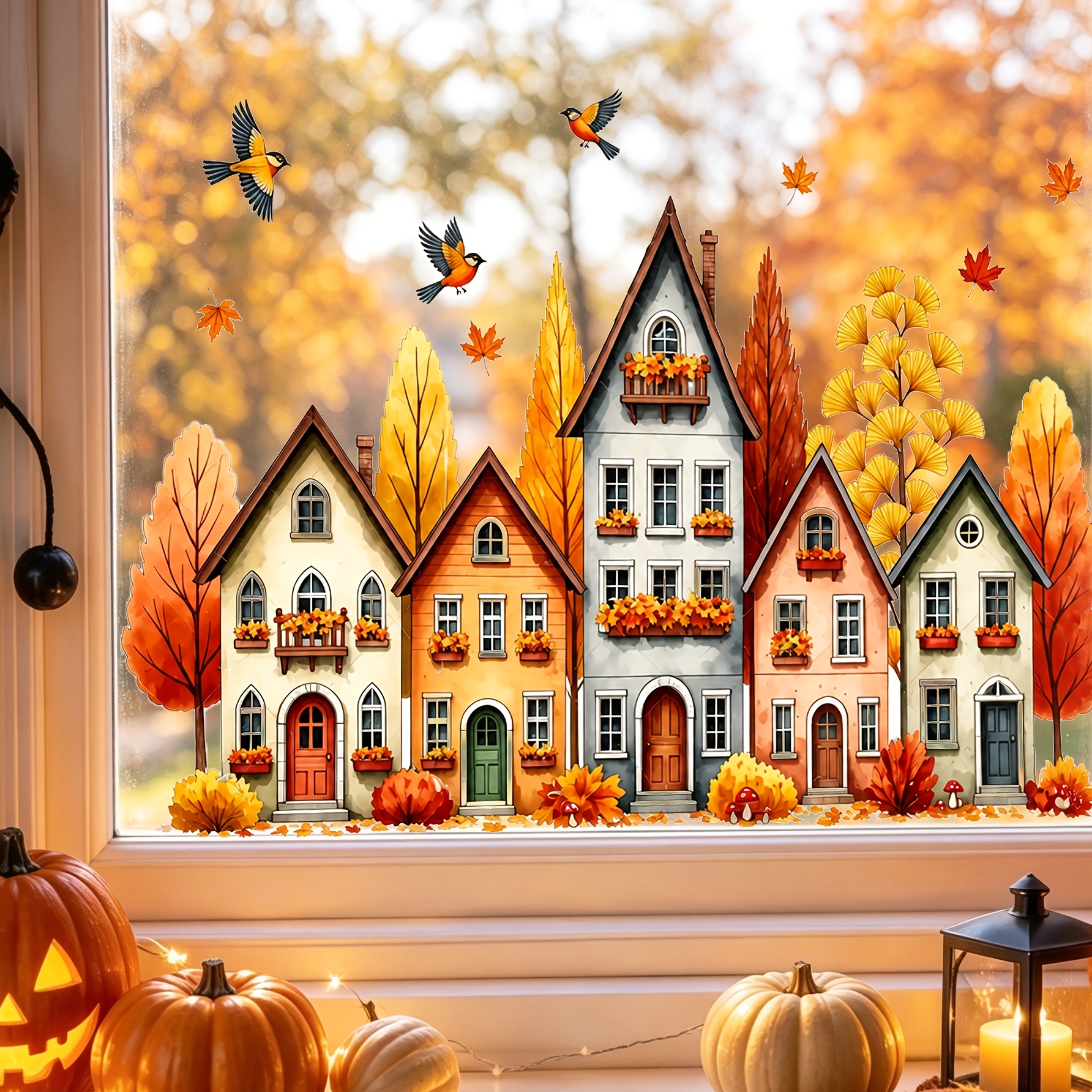 TEMU 1pc 2d Flat Thanksgiving Autumn Town Wall Sticker/window Sticker, Ginkgo Tree, , And Falling Leaves Decorative Wall Sticker/window Sticker, Pvc