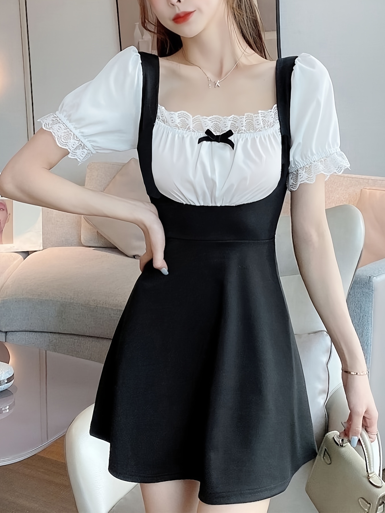 women's cute elegant contrast lace trim two piece Temu Bahrain