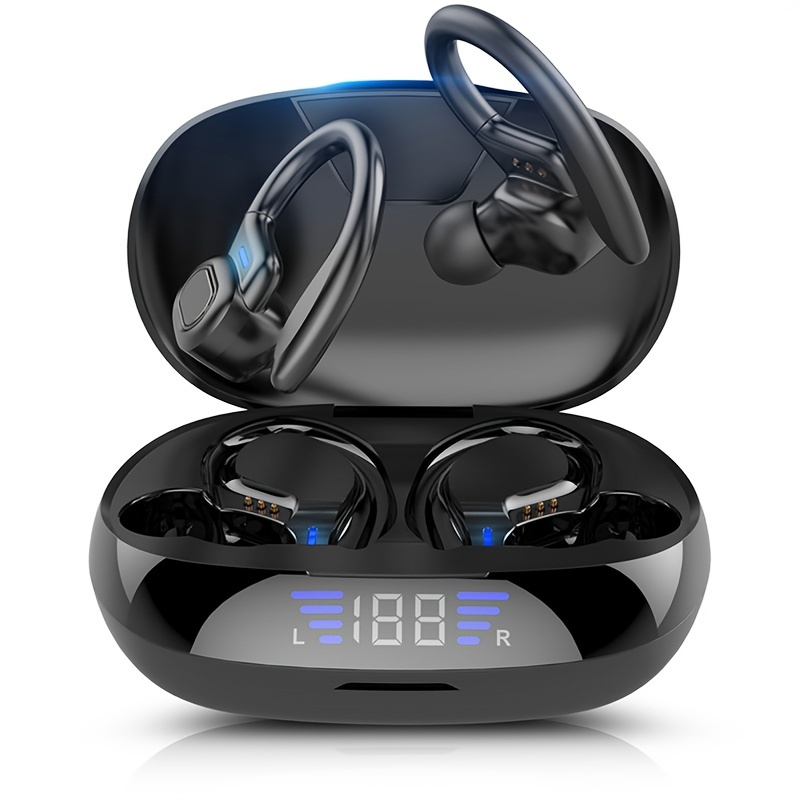 

Sleek Black Wireless Earhook Headphones With & Led Display - Noise-canceling Mic, Usb Type-c Charging Case, Ideal For Sports/fitness/gym