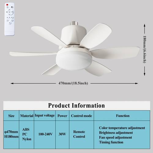Smart LED Ceiling Fan with Light - Remote Control, 3 , E27/E26 Base, 3 Colors 3000-6500k Dimmable, Timer, Socket Fan Light, for Kitchen and Bedroom, Best for Parties