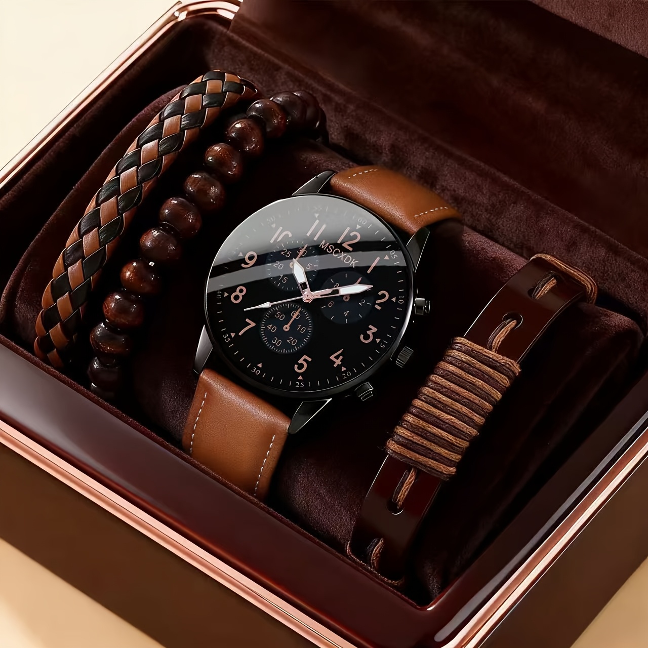 4pcs 's Round Quartz Watch And Braided Bracelet Combo Set For Daily Wear, Parties, Valentine's Day, Men, Dad, Gift For . Gift Box Not Included