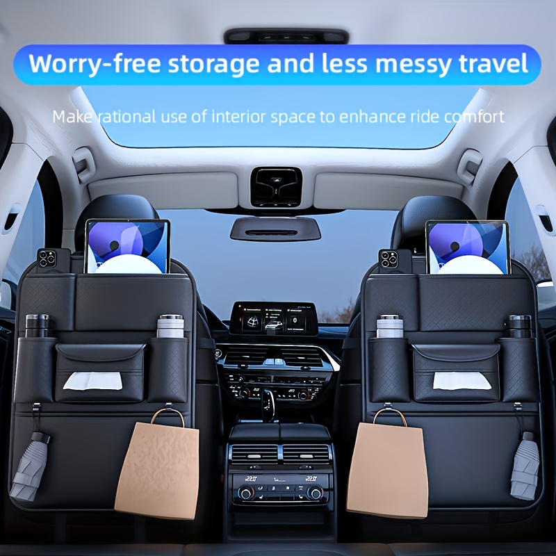 TEMU 1pc High Quality Black Car Seat Back Organizer - Large Capacity Pu Leather Storage Bag For Water Bottles, Tablets, Laptops And Accessories,