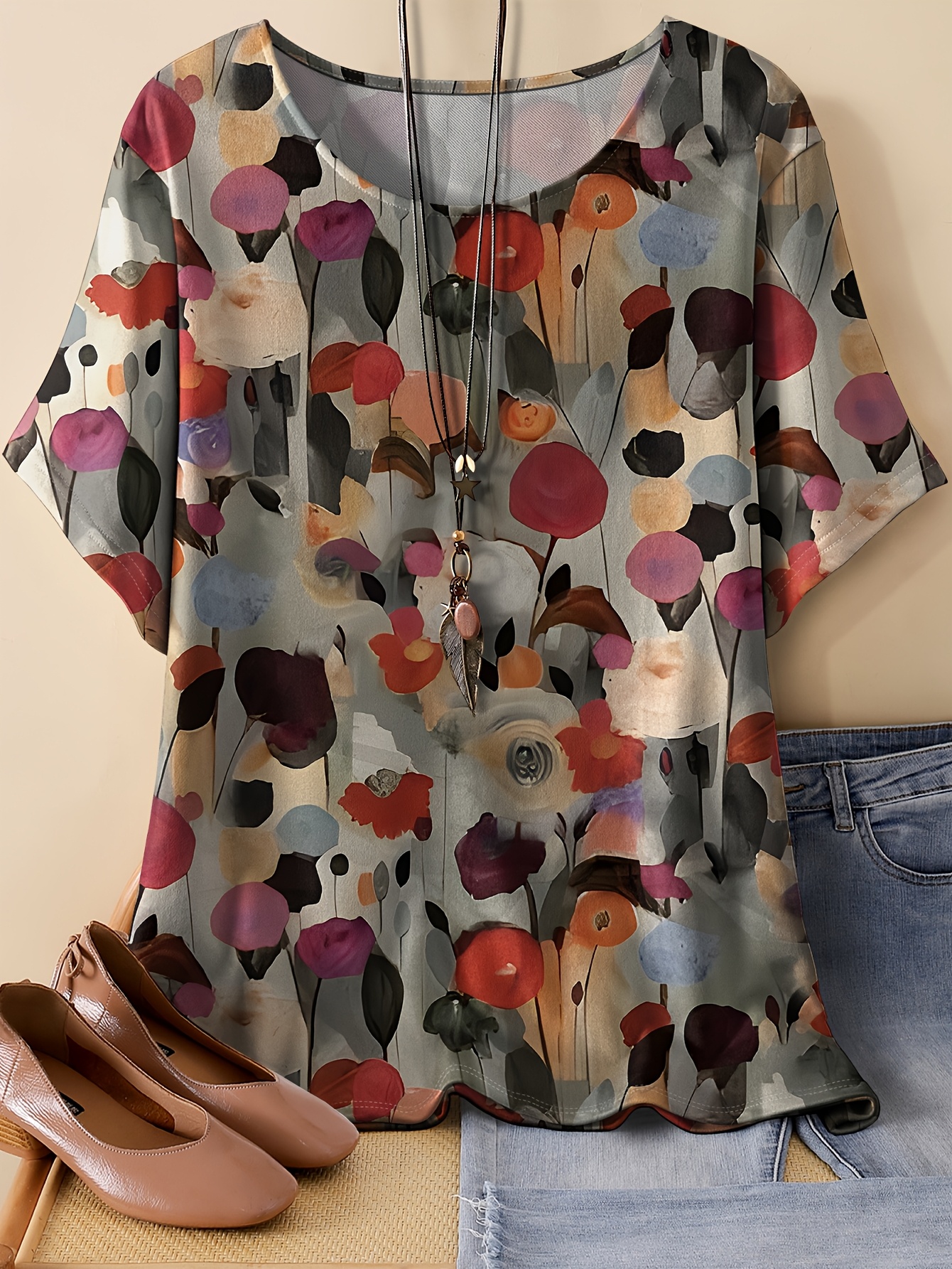 Camiseta Oversize de Estilo Estampado Floral Multicolor para Mujer,  Cuello y Manga Corta */Verano Casual (Accesorios No