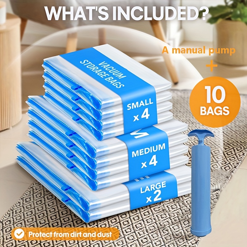 TEMU 11pcs Vacuum Compression Storage Bags Set With Portable Hand Pump - Large + Medium + Small + Hand Pump - Suitable For Bedding, Clothes, Travel