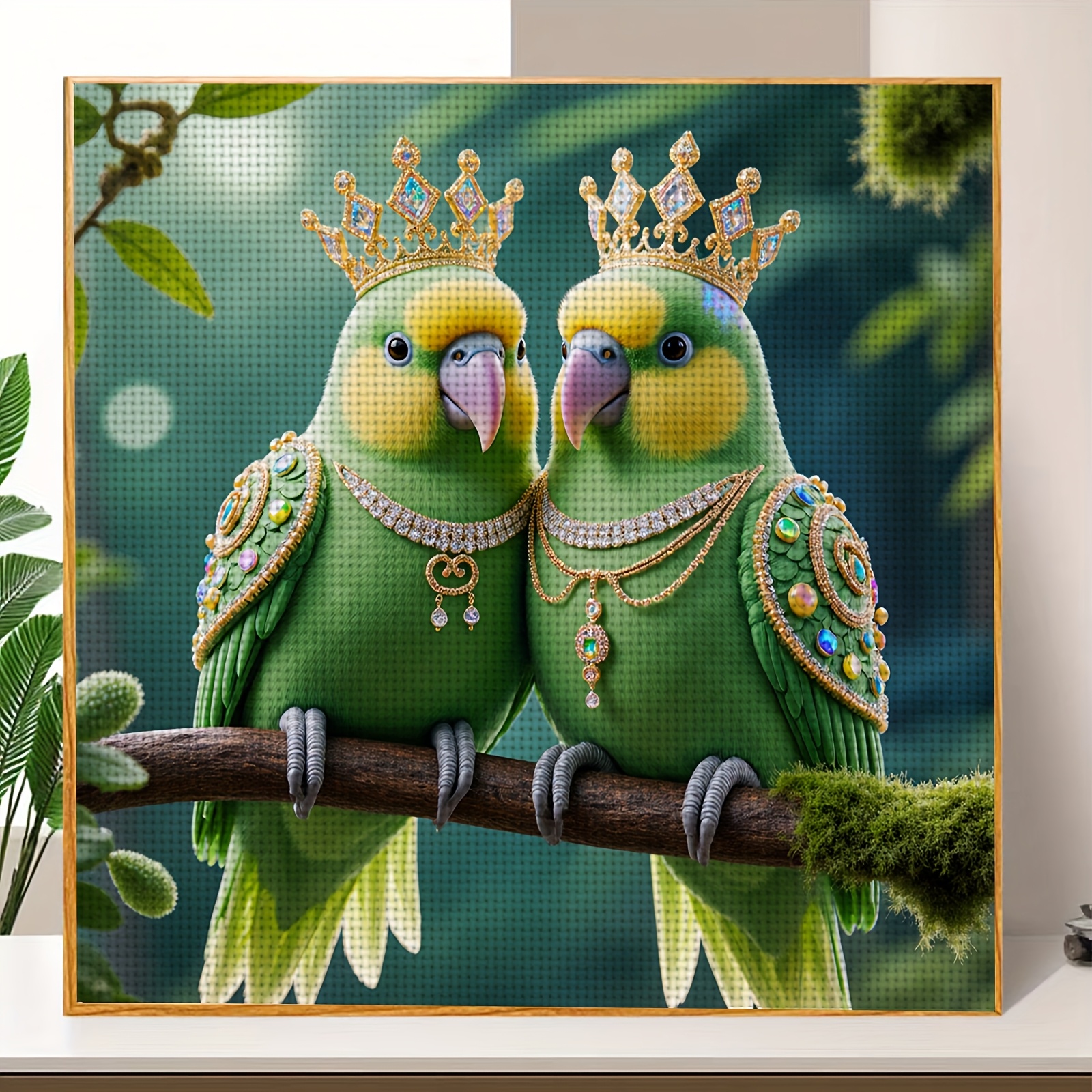 Frameless 11CT Printed Fabric Cross-Stitch Kit, Two Parrots Wearing Crowns