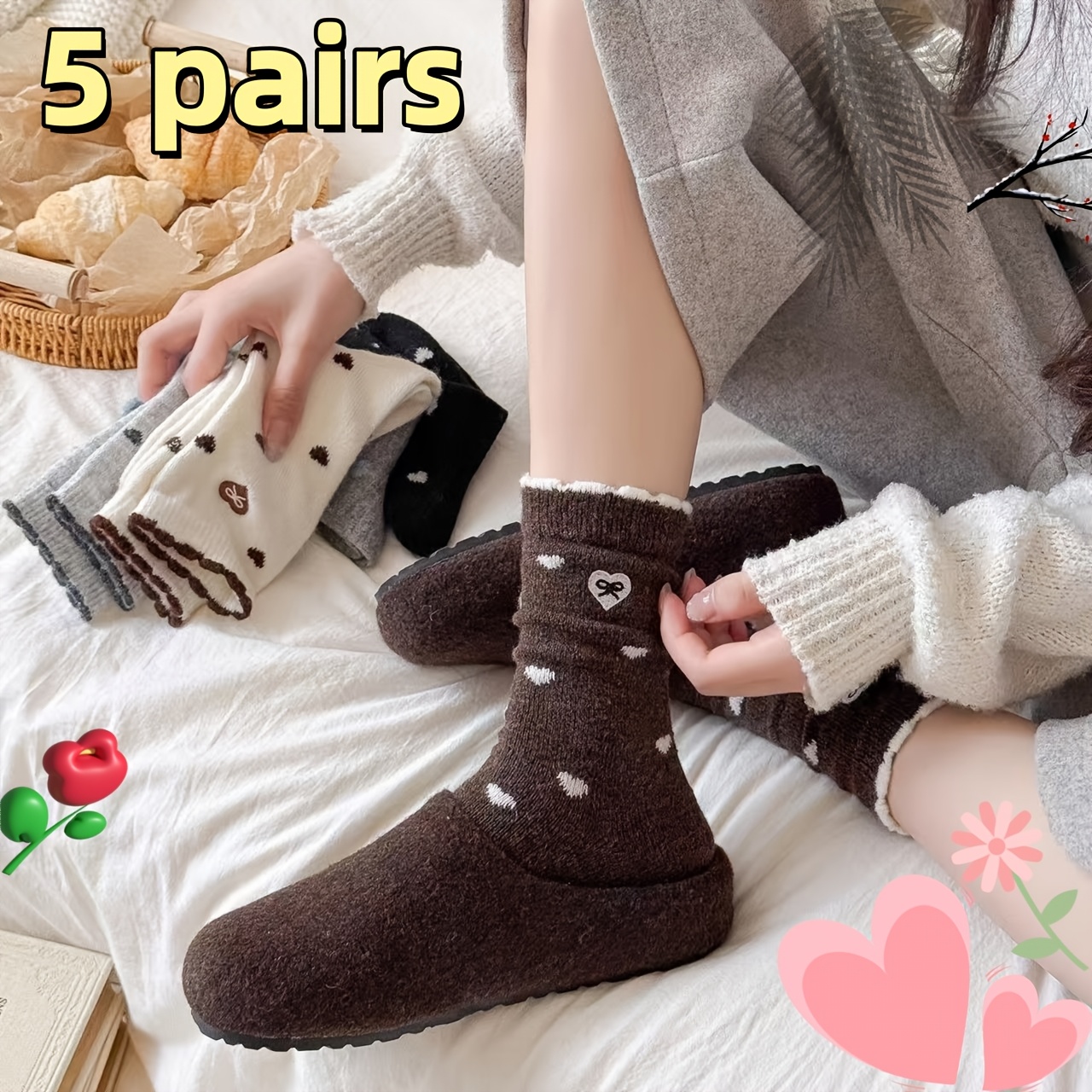TEMU 5 di calzini a con a cuore, calzini kawaii con volant e balze per donna, calzini impilabili in stile giapponese, moda da indossare