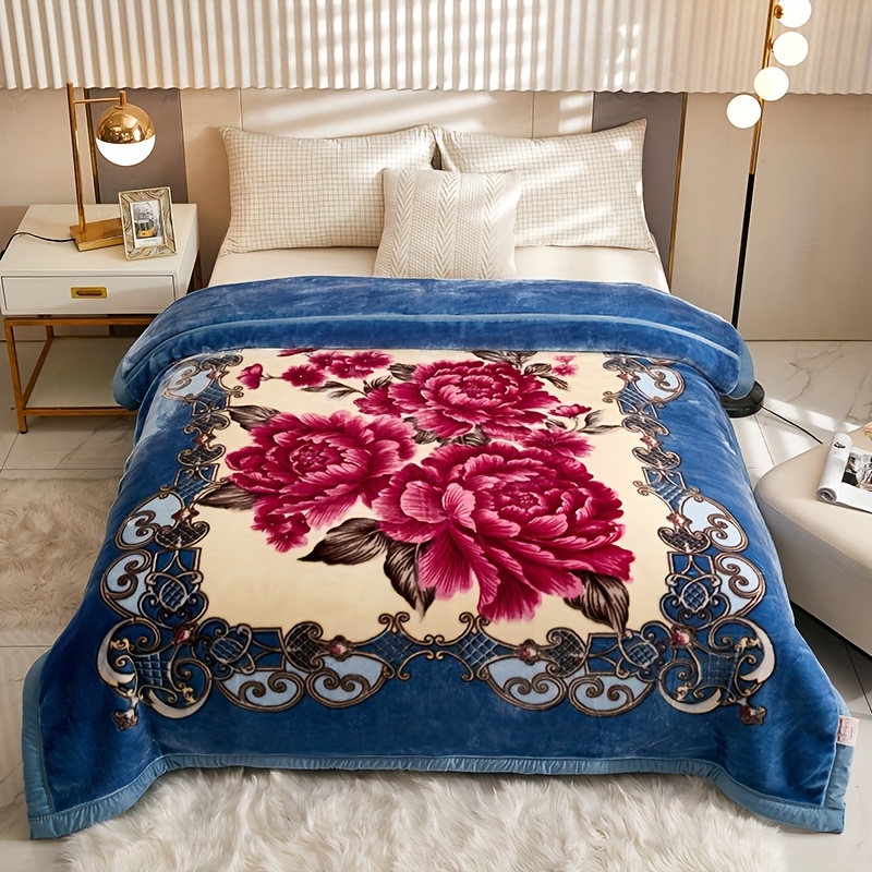 1pc Raschel Upgraded Blue Floral Blanket