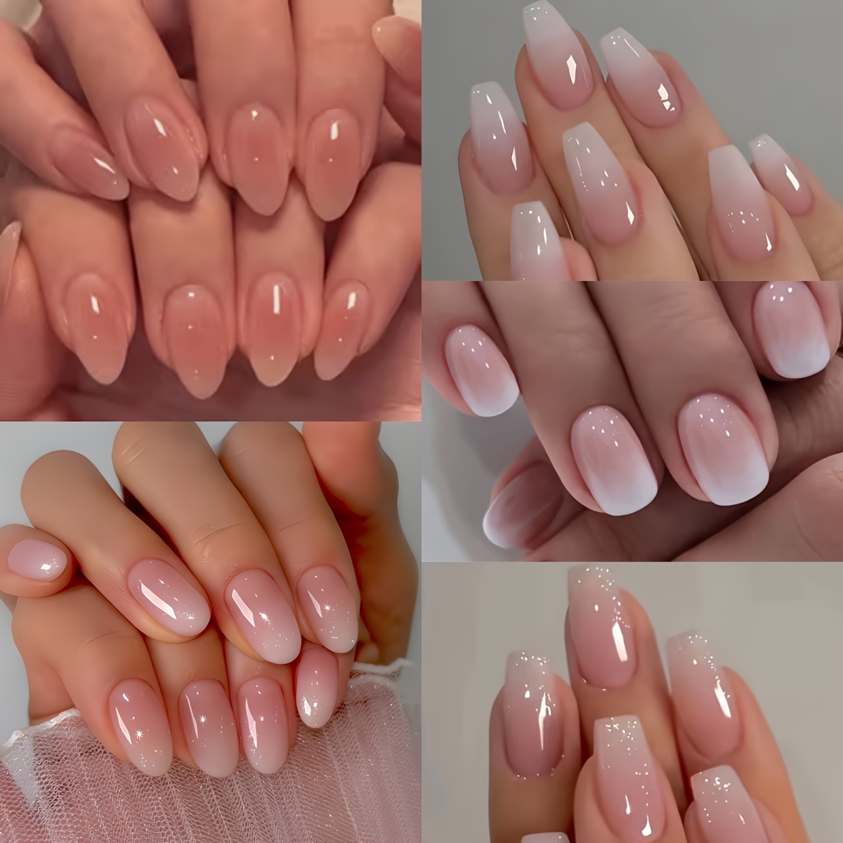 TEMU 120pcs Middle Square, Short Oval, Almond & Coffin Shapes Press On Nails Kit, Pink White Gradient False Nail Tips, 12 Sizes Salon Grade Elegant