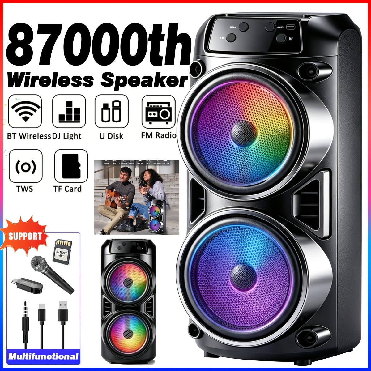 TEMU 87000th Wireless 5.3 Speaker, Dual Speakers/supports Dual Pairing, With Rgb Lighting, Supports Card Insertion, Usb, Se, High Quality Speaker,