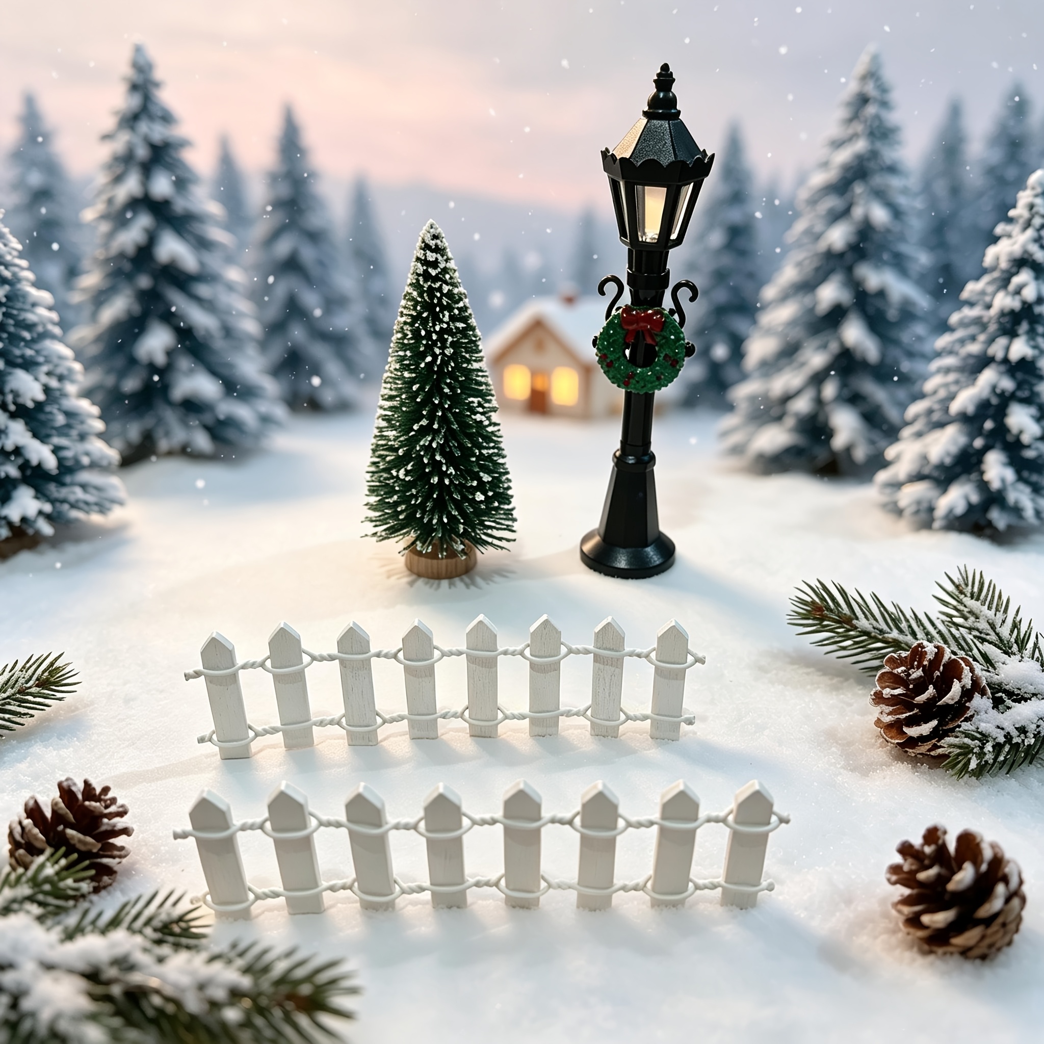 TEMU 4pcs Mini Snow Scene Christmas Tree Decorations With Street Lamps & White Fences - Retro Woodland Forest Tabletop Ornament Suitable For Home,