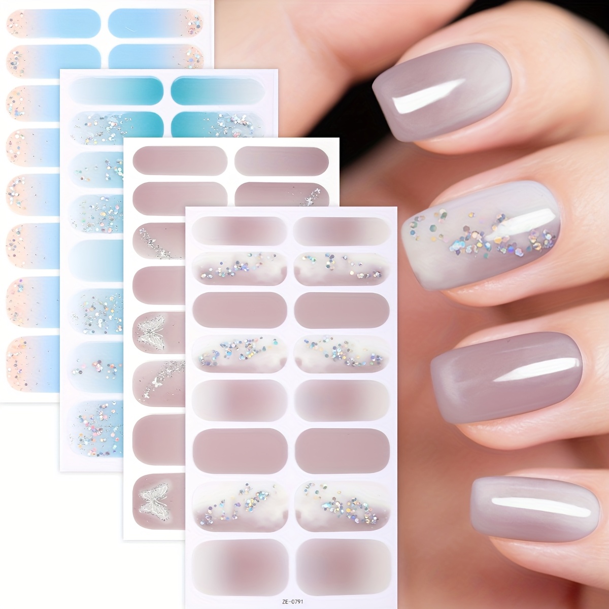 Image of 64pcs Nail Polish Strips, Autumn And Winter Grey And Blue Glitter Self-adhesive Full Nail Wraps, Nail Art Stickers For Women's Home Diy