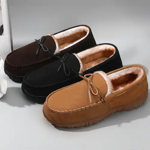 mens cozy plush lined casual loafers with non slip rubber sole soft warm indoor outdoor slip on shoes in brown and black