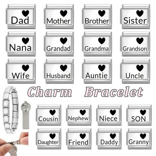 1pc black english engraved style relative family friend english engravings with heart pattern gift idea unique engraving craft diy bracelet free combination decoration 316l stainless steel elastic module jewelry