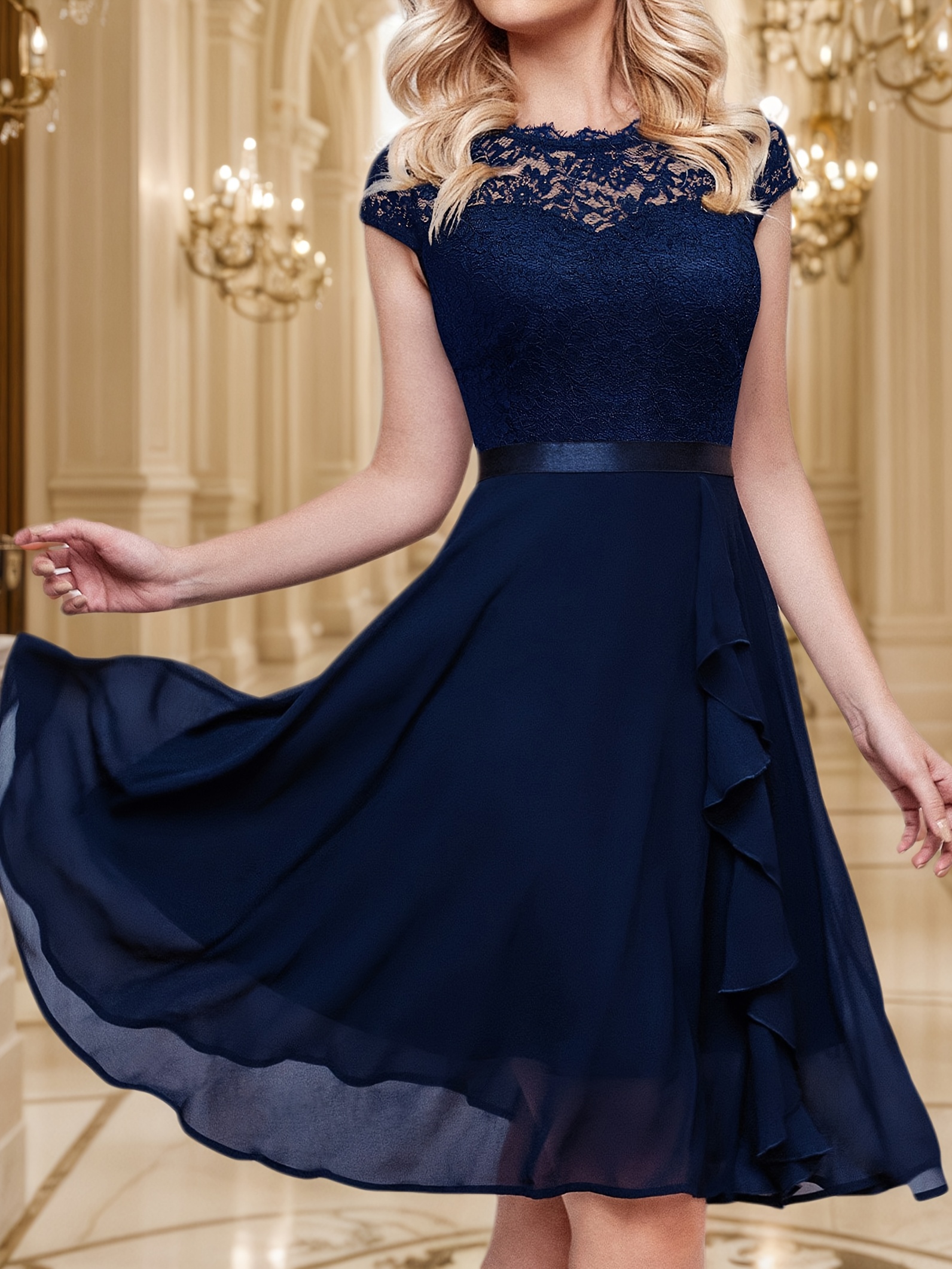 Women's Elegant Navy Blue Lace Trim A-Line Midi Dress with * Collar &  Elastic Waist Belt - Flared Skirt for Casual to Formal Occasions