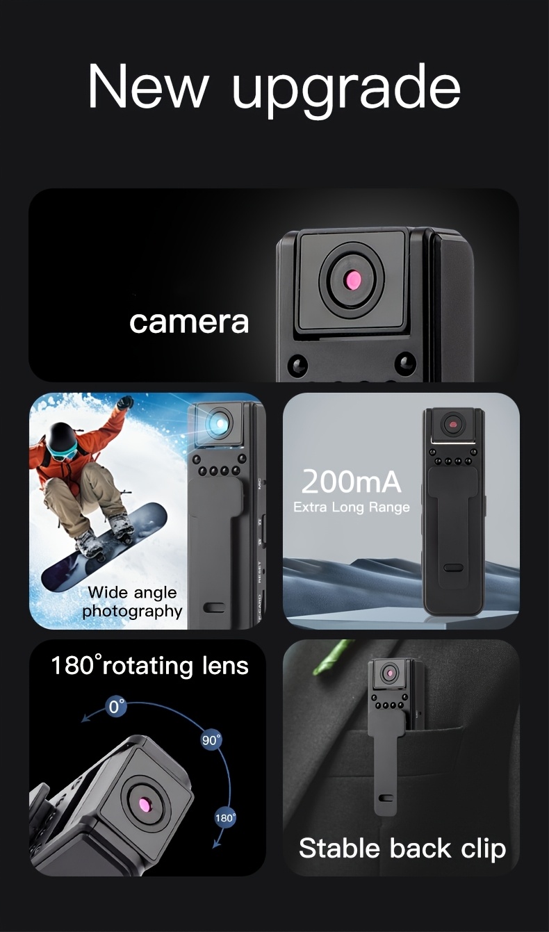 high definition wearable human body camera with audio and night vision functions 180 rotatable lens 180 rotatable camera supports a 32gb tf card slot usb power charging abs   suitable for sports   travel black portable camera mini body cameras Product details 1