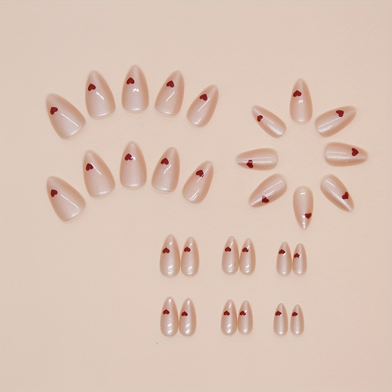 30-piece Set Of Glossy Almond-shaped Press-on Nails With Red Heart ...