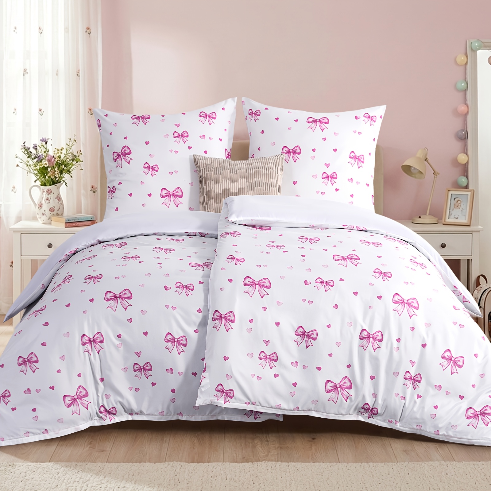 Image of Bedding 135x200 Cm, 4pcs, Duvet Cover - Bedding 135 X 200 Cm, Pink Bow Pattern, With 2 Pillowcases 80x80 Cm, 2pcs Duvet Cover With Zipper, Non-iron And Soft