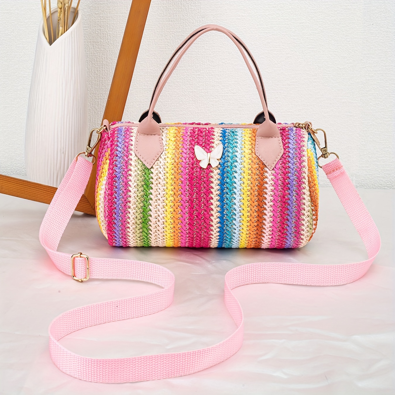 

Colorful Rainbow Weave Boston Shoulder Bag, Bohemian All-match Cylinder Purse, Trendy Crossbody Bag For Vacation