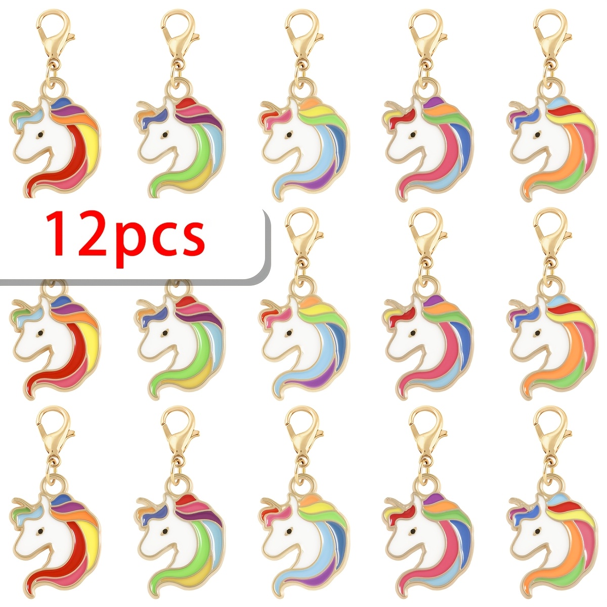 12pcs Colorful Unicorn Alloy With Lobster Clasp Suitable For Crafts Making Key Chain, Key Ring Additions
