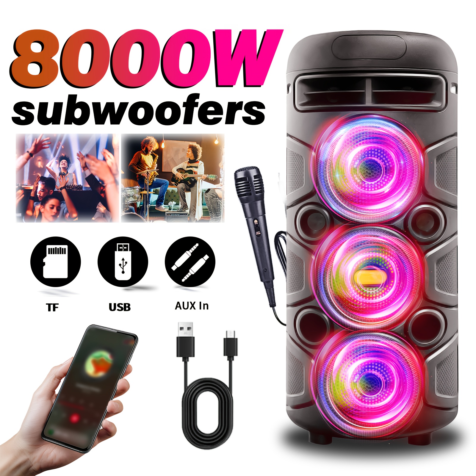 potente   de altavoces inalámbricos portátiles con configuración de 3 altavoces, subwoofer incorporado y efectos de iluminación rgb verticales duales -- conexión rápida inalámbrica, radio fm, reproducción de   tf/carga tipo-c, compatible con micrófono de karaoke,   para el hogar
