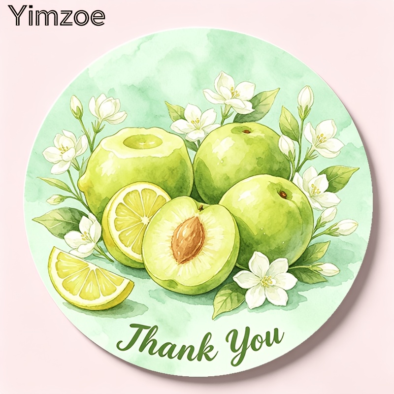 품목 사진 yimzoe 원형 스티커 수채화 녹색 복숭아 및 시트러스 플로럴 드로잉, 음료 병 포장, 농산물 태그, 홈메이드 스낵 포장, 공예 상자 장식 및 봉인 및 스티커에 적합