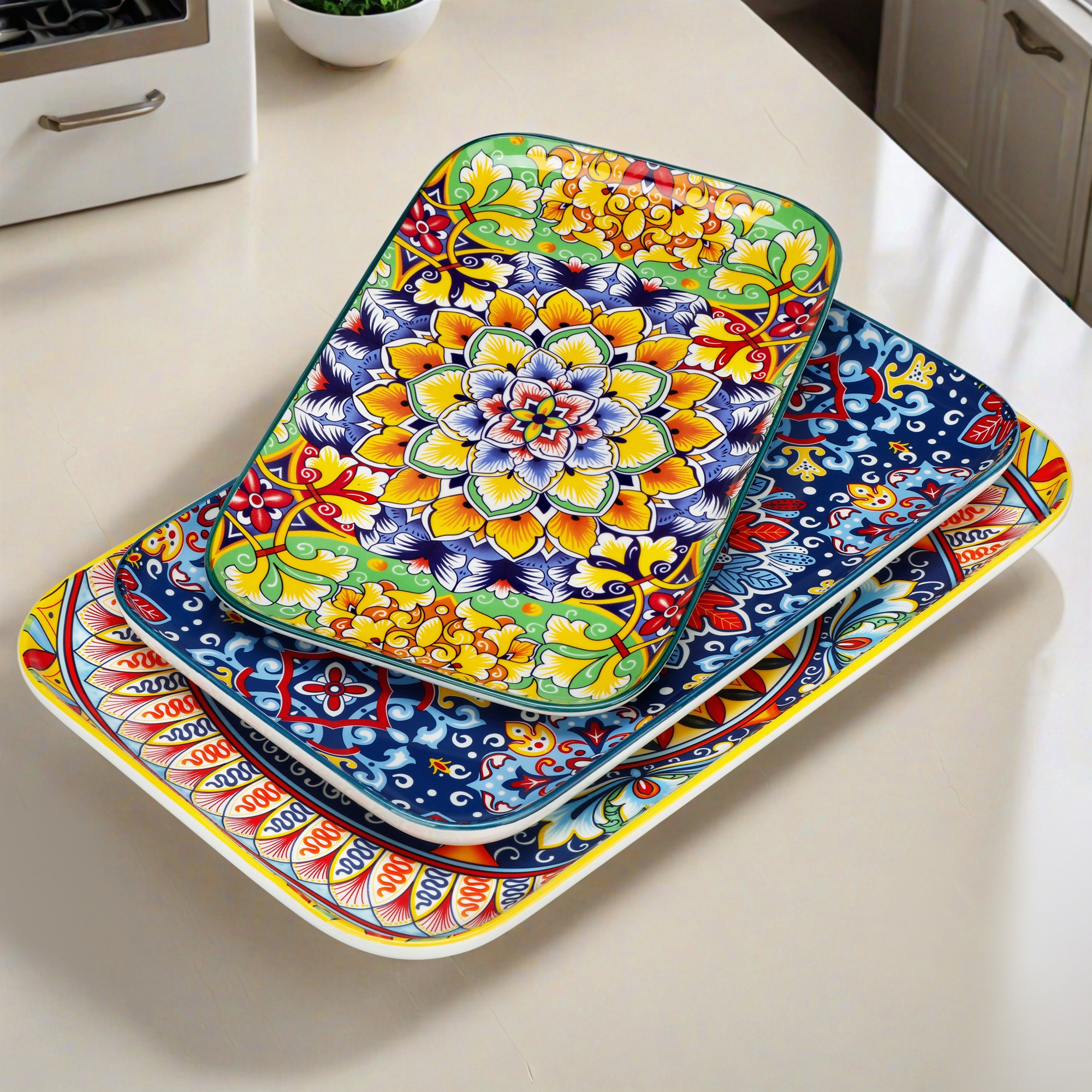 16"/14"/12" Inch Bohemian Rectangular Trays - Serving Platter Extra Large, Set Of 3