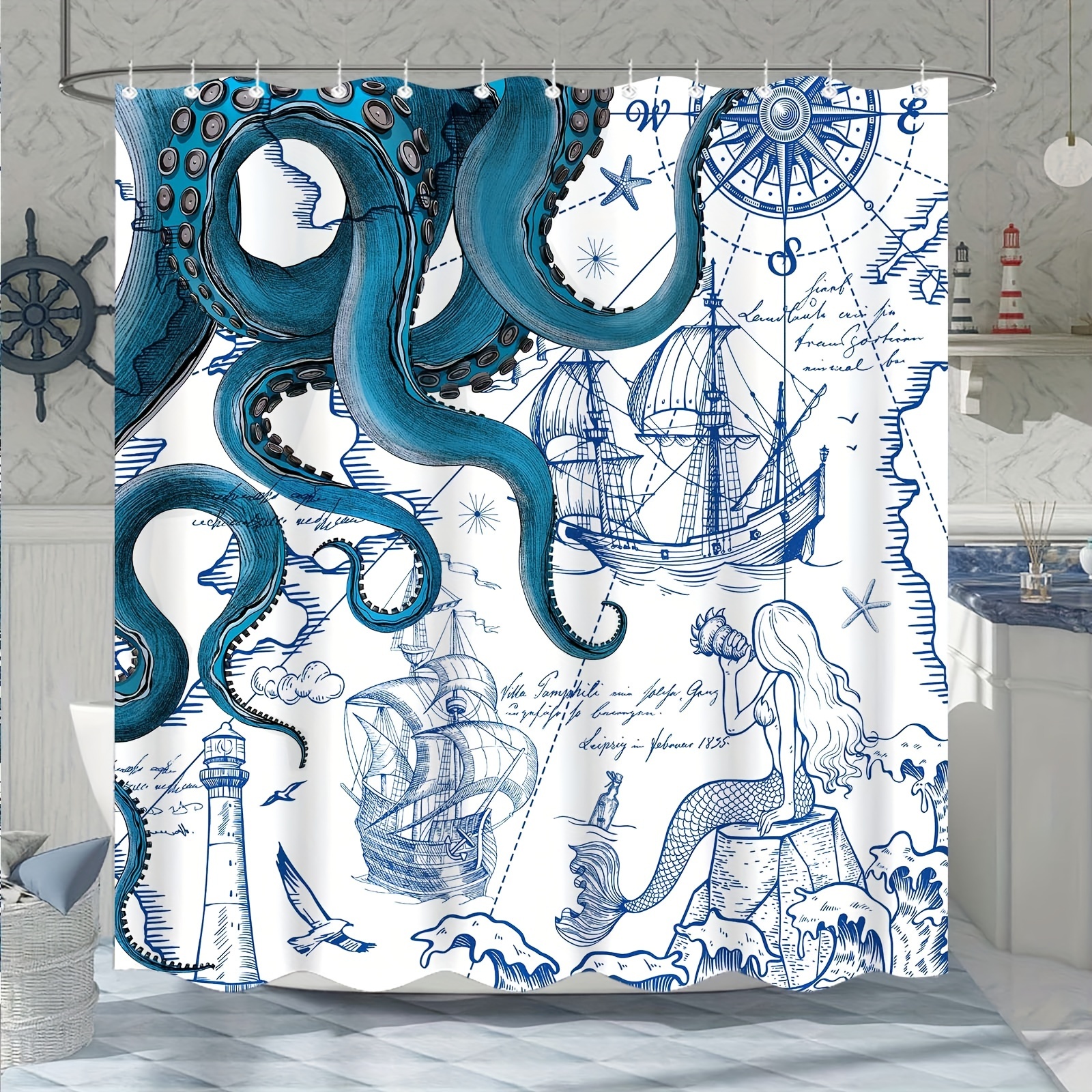 

Blue Nautical Octopus Shower Curtain Navy Mermaid Funny Ocean Shower Curtains For Bathroom Cool Anchor Coastal Map Waterproof Fabric Bath Curtain Decor With Hooks