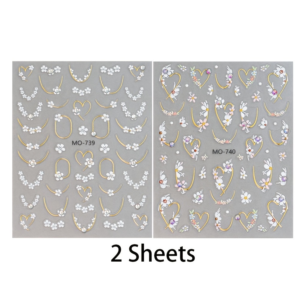 Image of 2 French Heart Flower Nail Stickers With Rhinestones, Featuring Design With Heart And Daisy Patterns For Decoration, Model Mo-739-740 In Golden Color