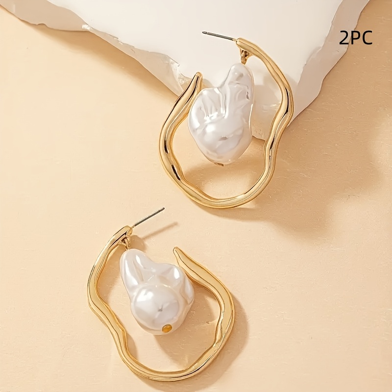 TEMU 2pcs Minimalist Elegant Niche Design Irregular Geometric Shape Women's Fashion Hoop Earrings, Suitable For Valentine's Day Gifts, Parties, And