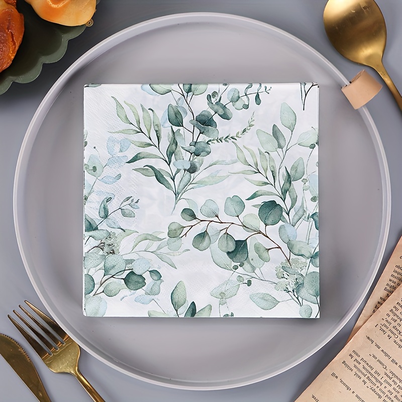 Image of 25825cm 20 Sheets Of 2-layer Wood Paper Towels With Soft Eucalyptus Leaf Print Disposable Tissues, Perfect For Parties, Birthdays, Family, And Holidays