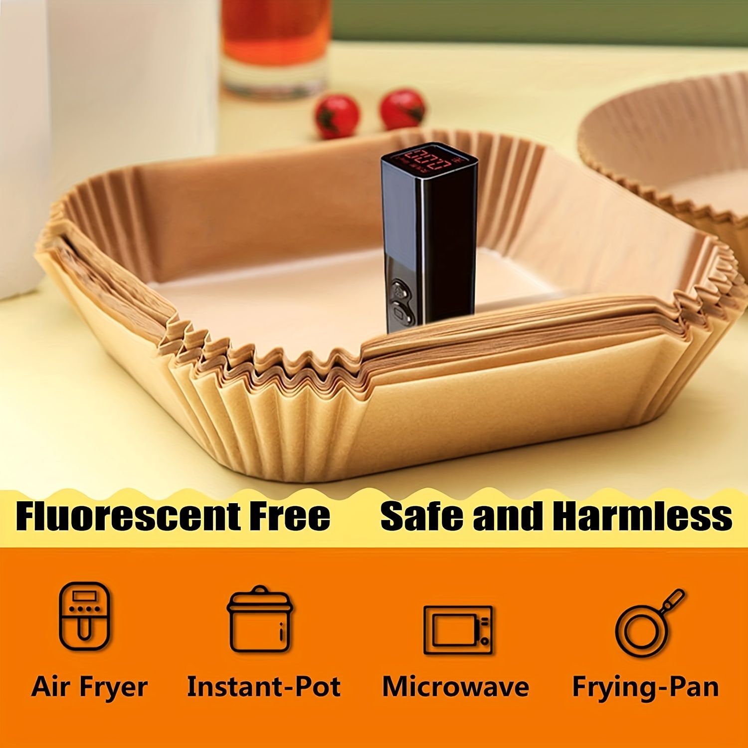 a pack of   square parchment liners for air fryers measuring 9 inches designed for 5 to 8 quart air fryers featuring a non stick and waterproof design details 3