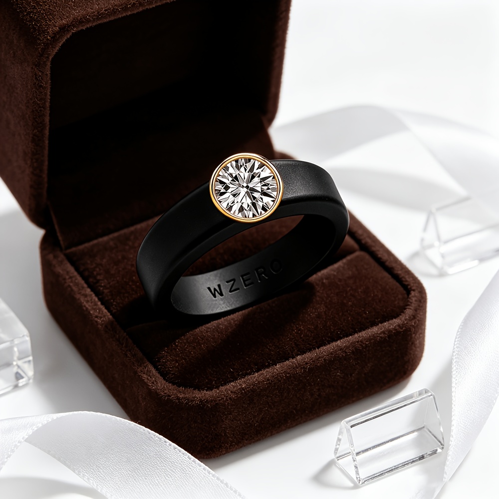 Round Zirconia Bezel-Set Silicone Ring for Men and Women