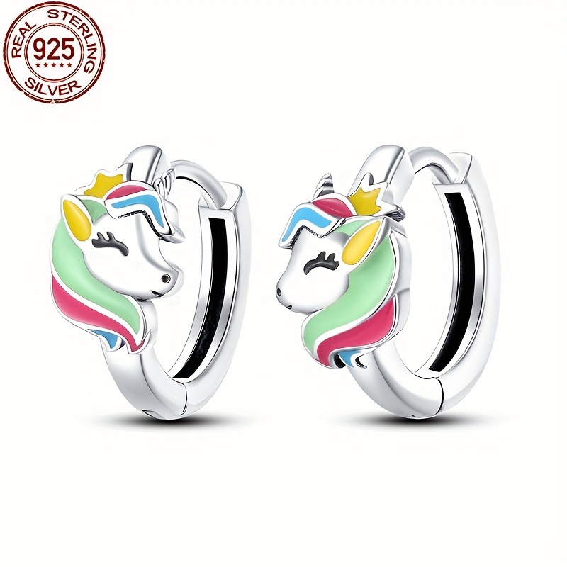 

925 Sterling Silver Rainbow Unicorn Earrings, Elegant & Cute Style For Women, Delicate Gift, Fashion Jewelry