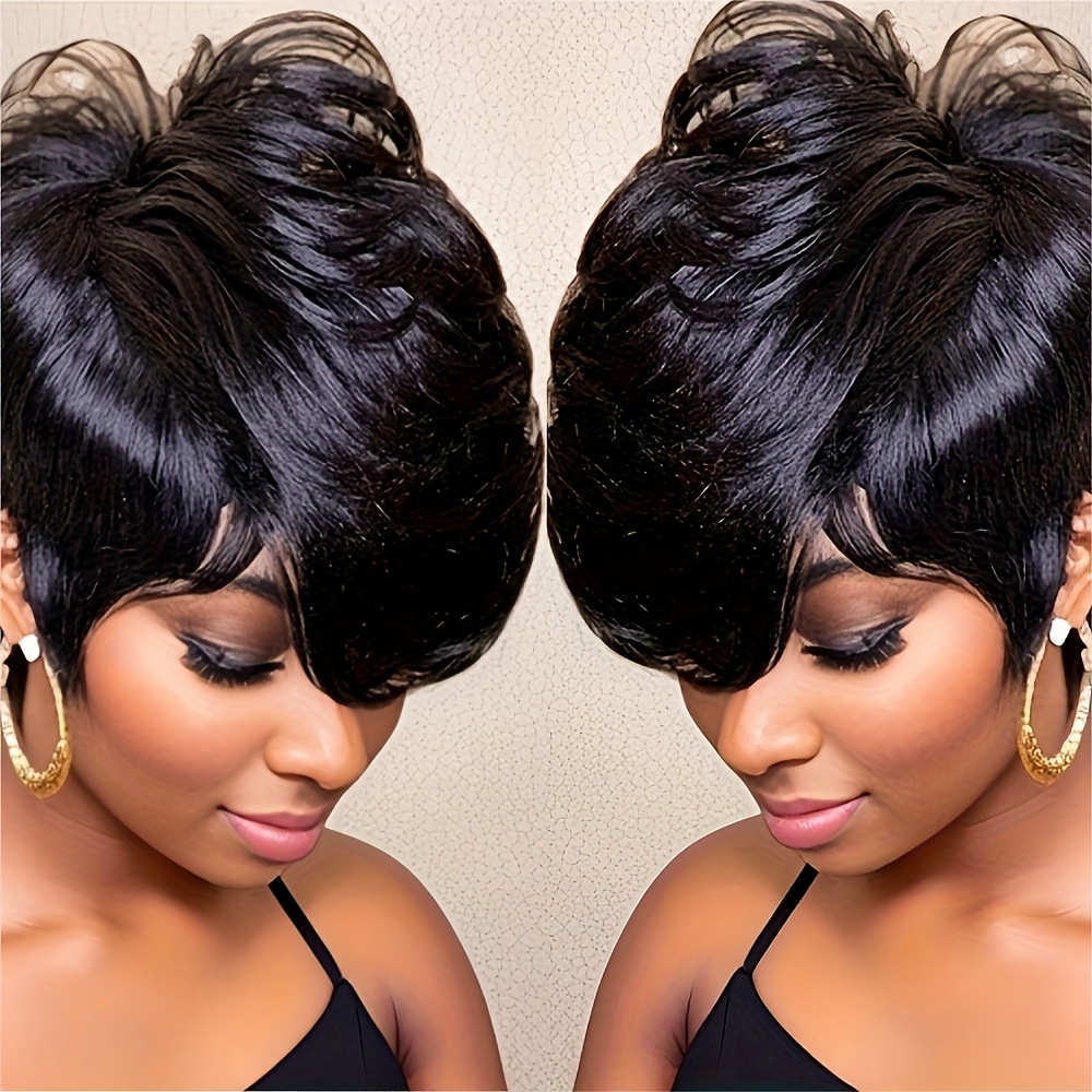 TEMU Cut Wig For Women With Bangs 6inch Glueless Human Hair With Long Swoopy Bangs 180% Density Straight Cut Layered Wigs With Bangs For Party, Cosplay, Daily Use Wigs