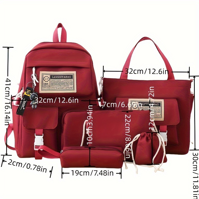 5-Piece Solid Color Backpack Set with Large Capacity Double Shoulder Bag, Tote, Pencil Case, Crossbody, and Lightweight Student Bag in Multi