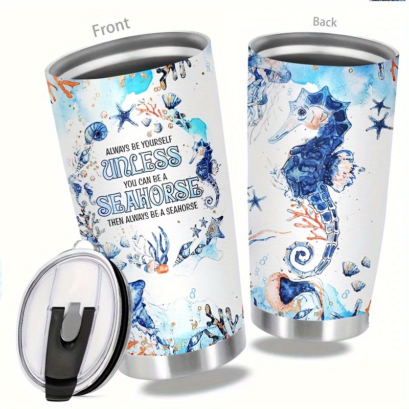 

20oz Ocean-inspired Stainless Steel Tumbler With Lid - Seahorse, Starfish & Coral Design - Insulated Travel Coffee Mug For Women - Perfect Gift