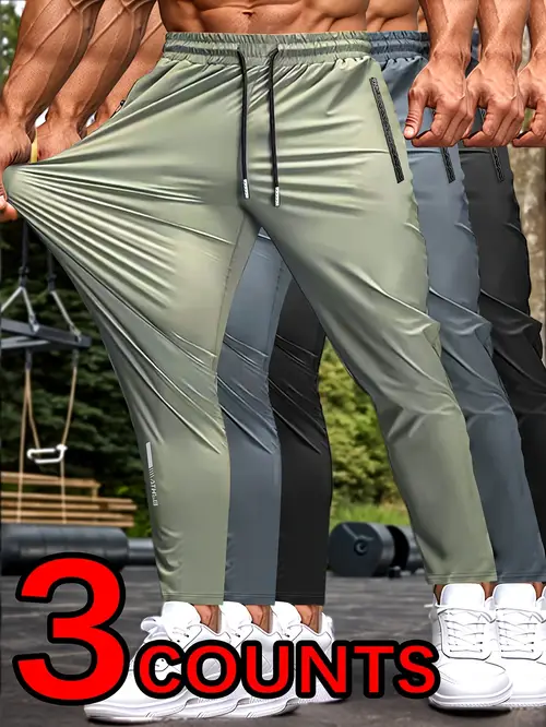 3pcs mens high ice fiber fabric joggers breathable stretch straight leg pants with drawstring waist zipper pockets lightweight for gym cycling casual wear jogging pants gym joggers sporty joggers durable joggers