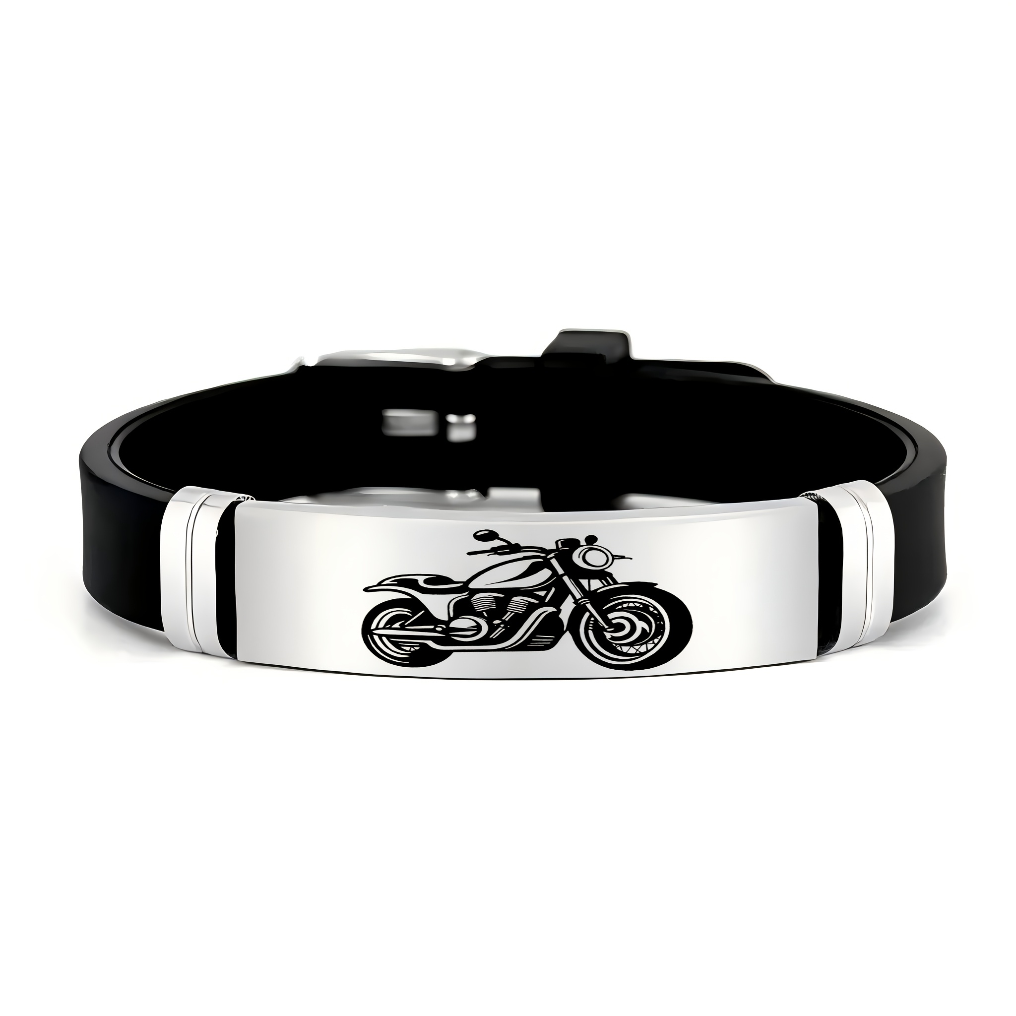 E-shop Herren Retro Motorrad Klassisches Fahrdesign Zubehör, 202 202 Edelstahl Silikon Armband, mit Motorrad und Fahrer, Perfektes Geschenk für