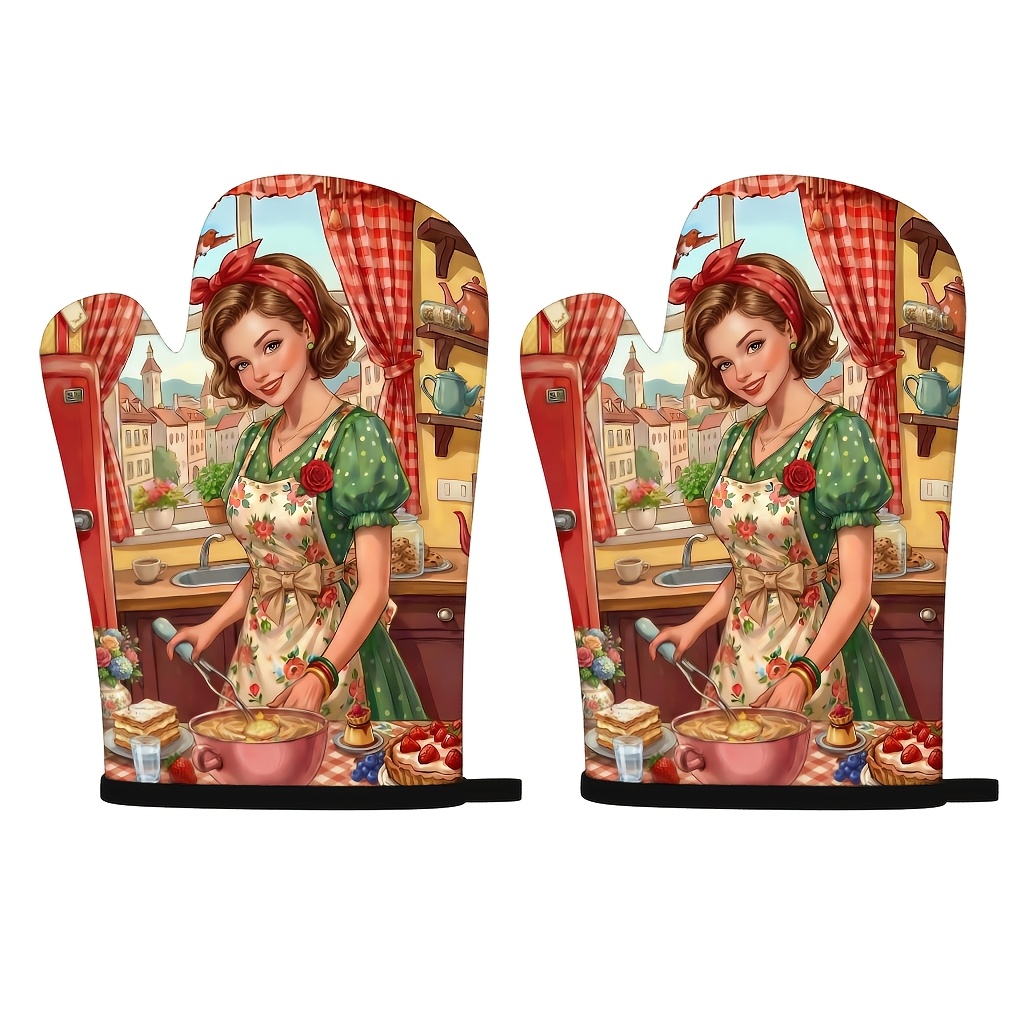 TEMU Ensemble de 2 maniques de four rétro avec slogan de cuisine pour filles, produits de qualité supérieure, adaptés , à , à un , design rétro,