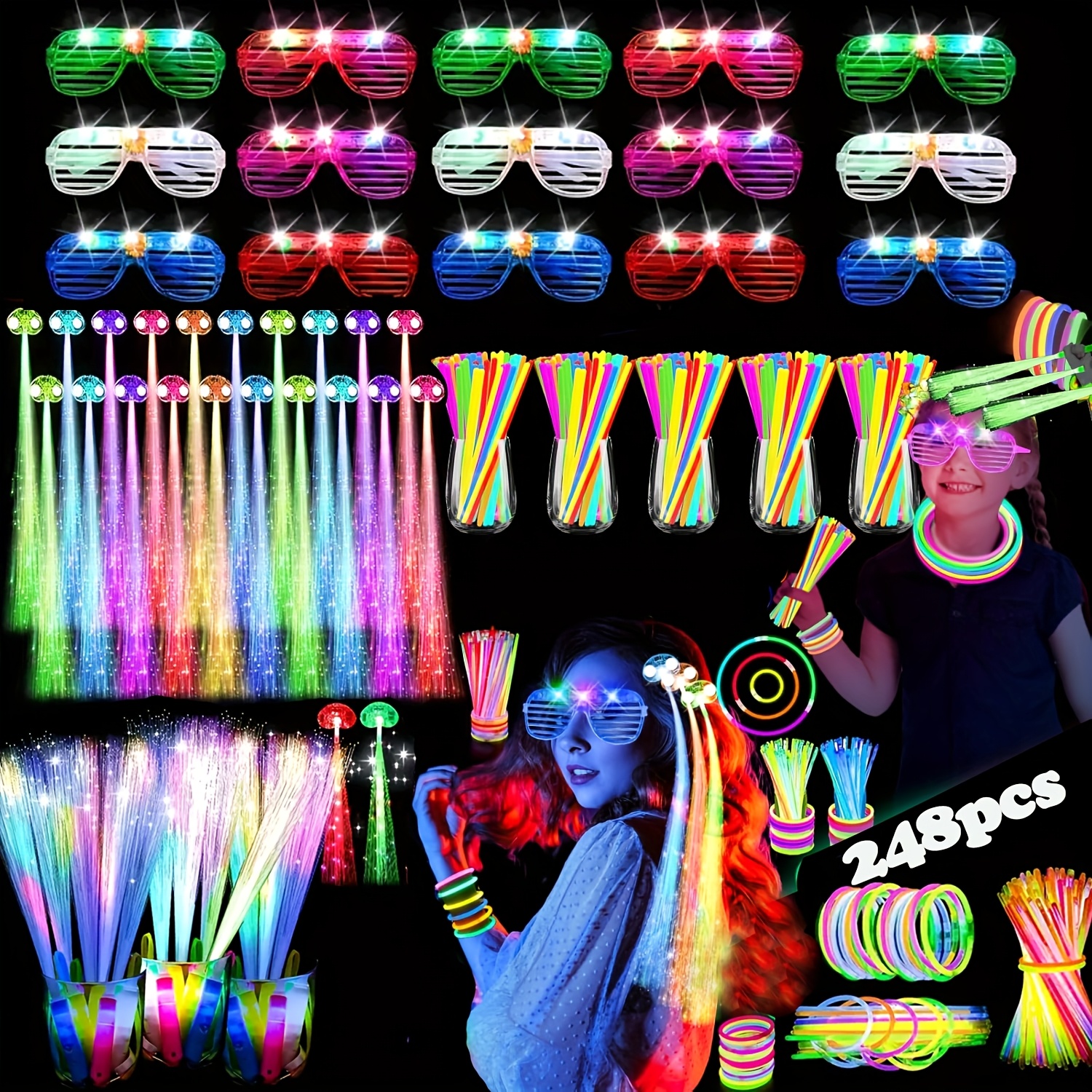 TEMU 248pcs Glow In The Dark Party Supplies, 12pcs Tubes, 12pcs Led Glasses 12pcs Led Light Hairs, 12pcs Glow Wands And 200pcs Glow Sticks For Glow