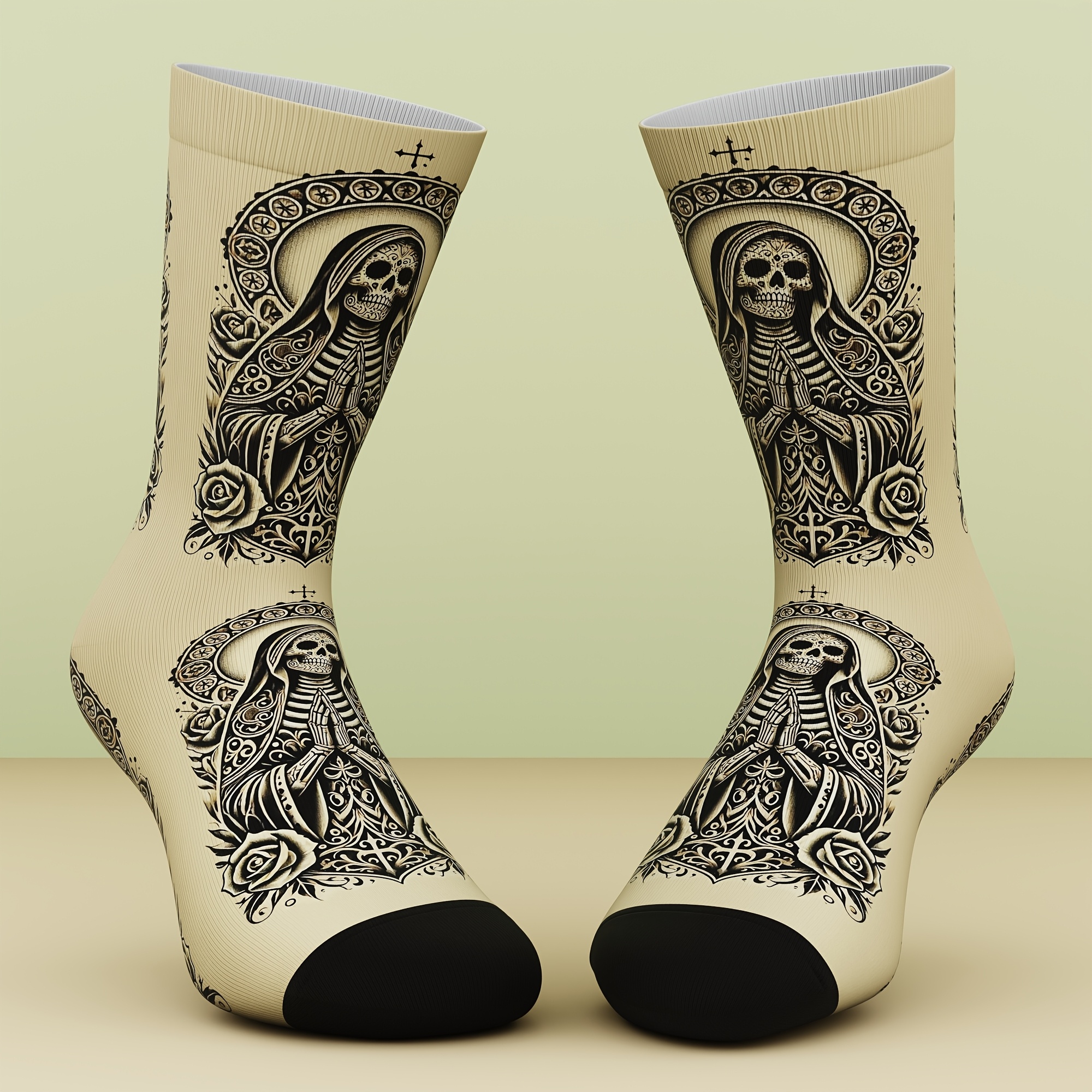 TEMU 1 Pair Of Unisex Socks, Dark Skull Pattern, Suitable For Fashion And Enthusiasts, Casual Outdoor Sports, Stylish, Comfortable, And Breathable,
