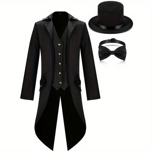 halloween mens steampunk vintage tailcoat jacket costumes black medieval gothic uniform and hat bow tie small