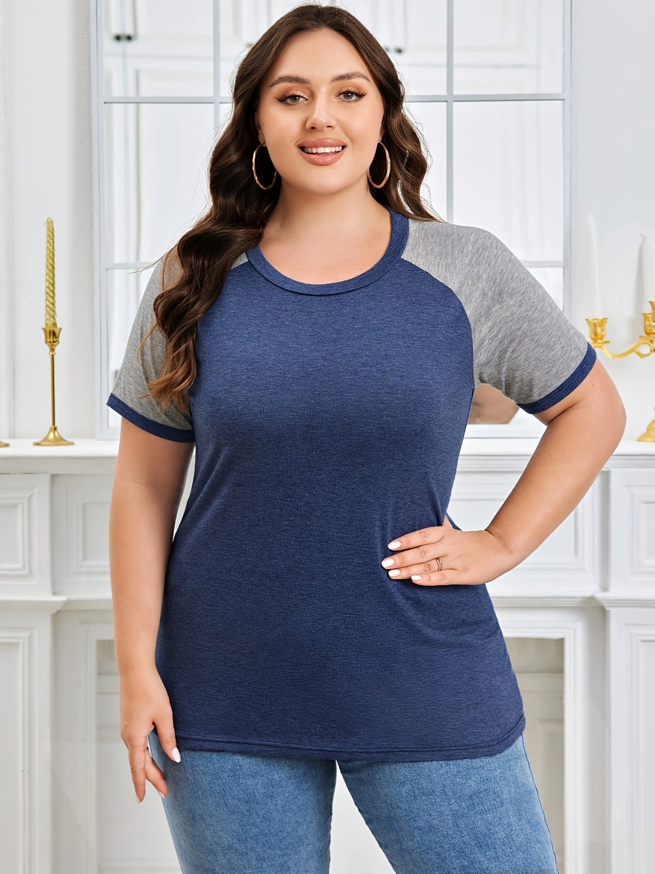 Plus Size Women's Summer Casual Raglan Color Block T-Shirt - Teal & Heather Grey Short Sleeve Loose Fit Tee, Breathable Round Neck Top for Casual Attire, Ladies T Shirts, Smooth Texture Shirt, Soft Fabric Tee