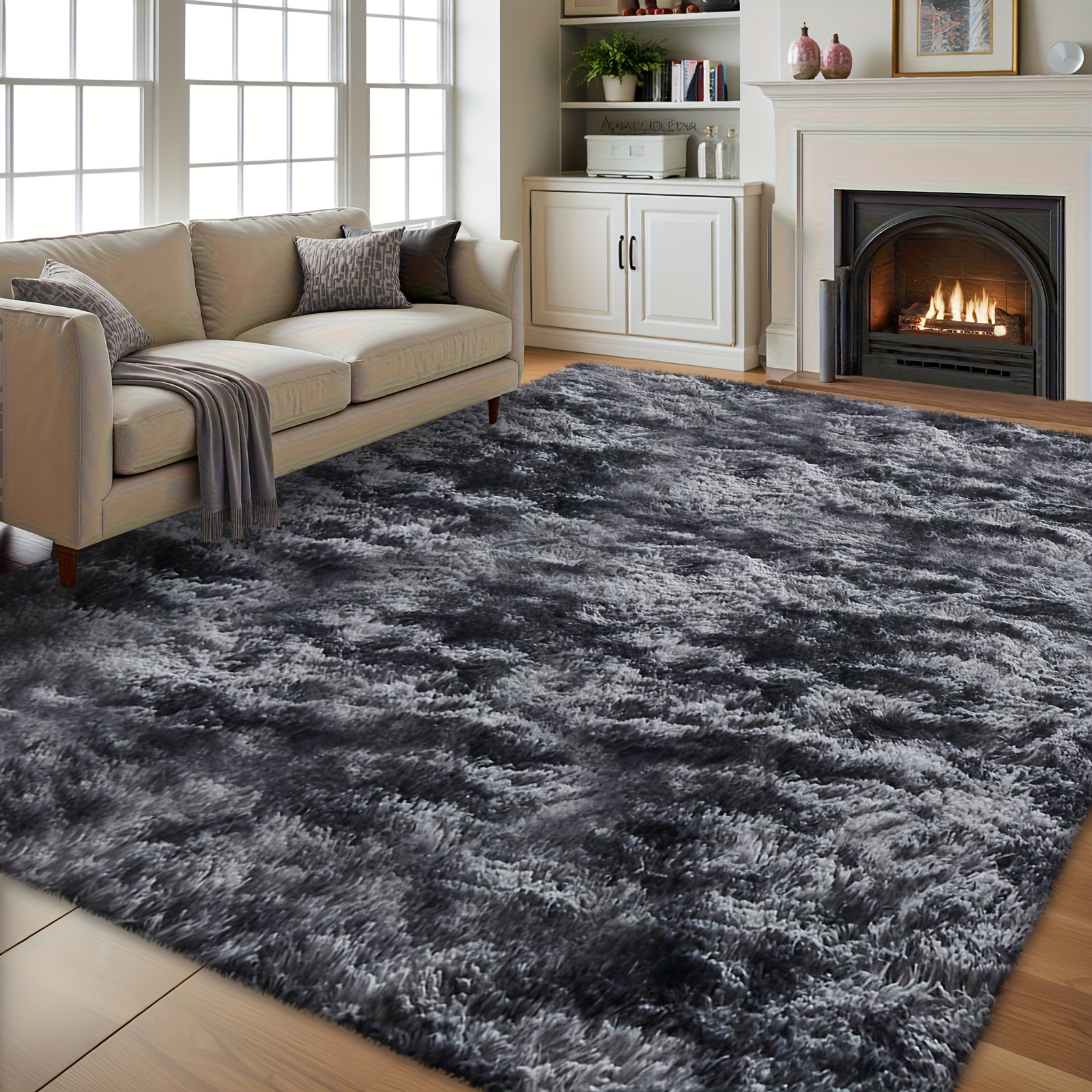 Oversized Modern Gray Shaggy Rug - Large Suitable For Living Room, Bedroom, Office - Neutral Grey Soft, Dry Only, Machine- Backing