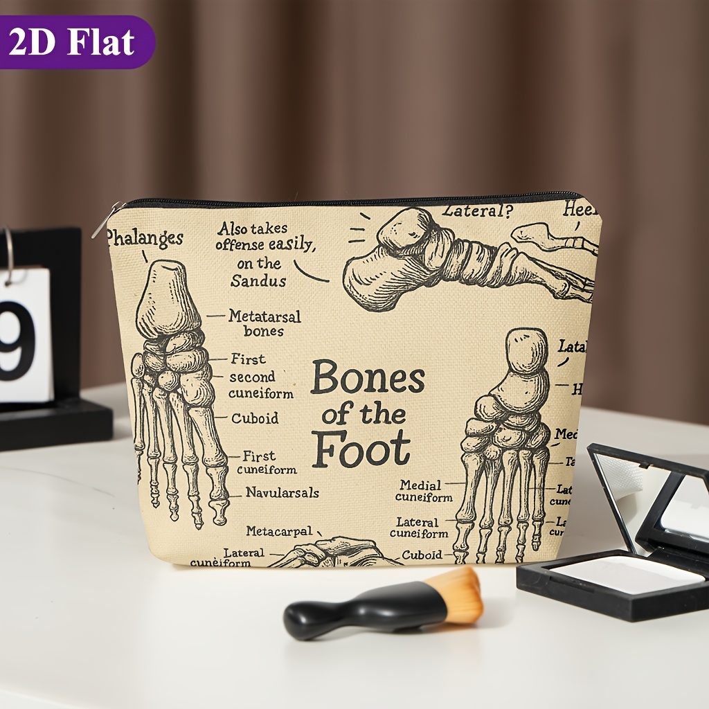 TEMU 1pc Women's Foot Bone Anatomy Chart (bones) Cosmetic Bag - -themed Double-sided Print, Durable Travel Clutch For Toiletries, Makeup Organizer &