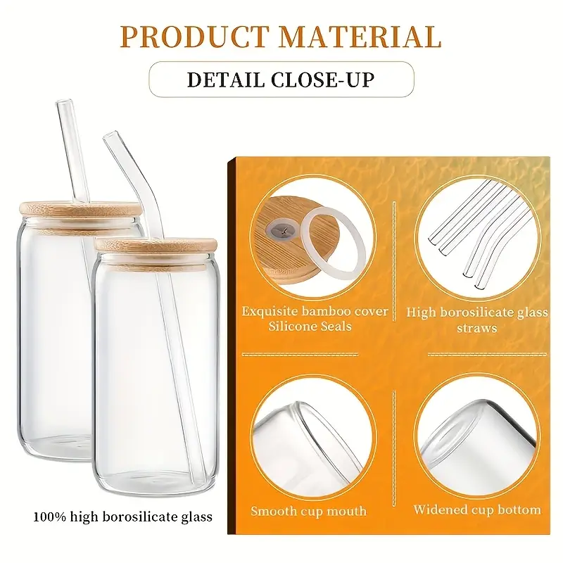 12pcs glass set 16oz with bamboo lid and glass straw canister shaped clear glass drink cups for smoothies boba tea whiskey and water in a cute non glass 4 cleaning brushes Product details 1