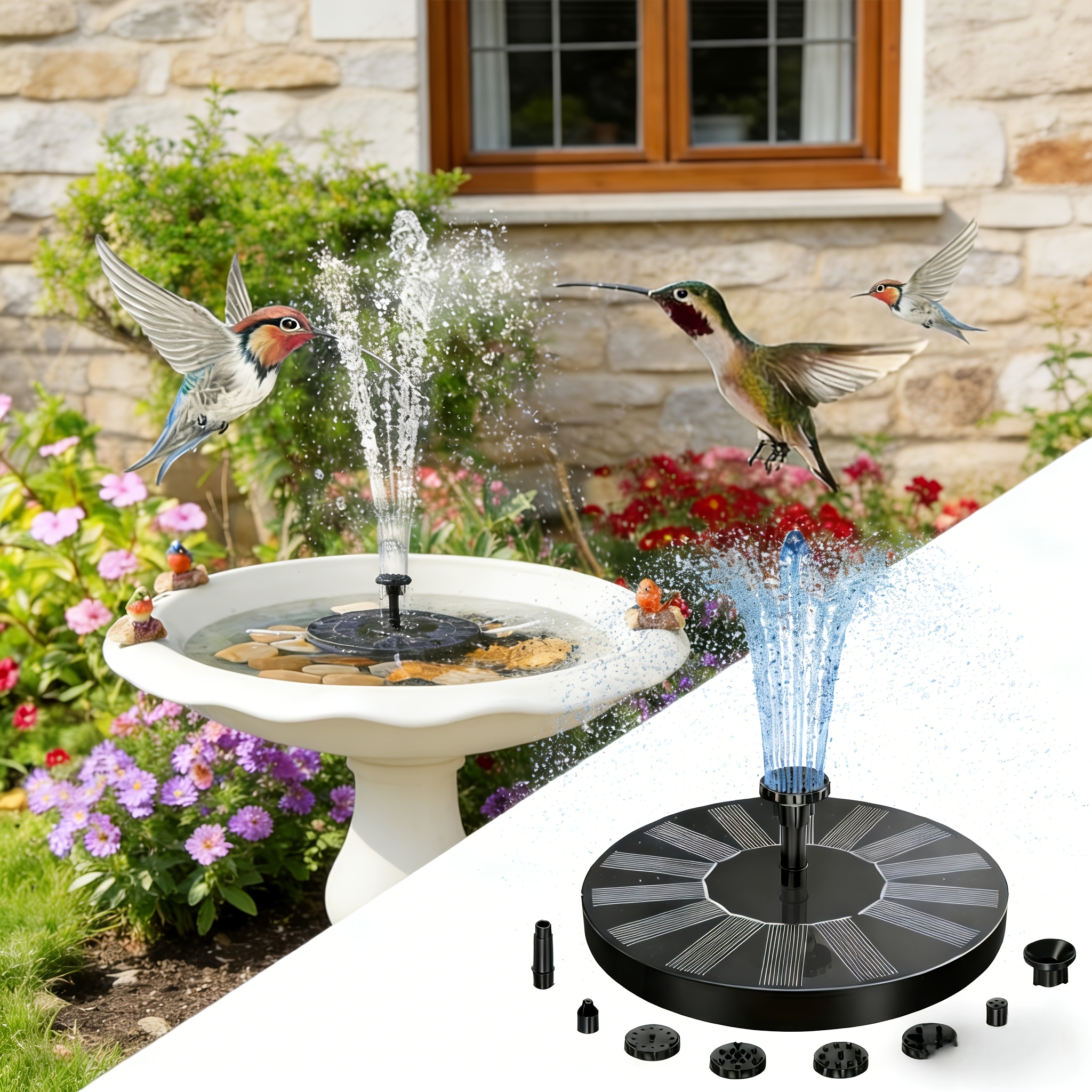 Image of 2w Solar Bird Bath Fountain Pump With 6 Nozzles, Ipx8, High Quality Water Pump For Garden, Pond, Fish Tank And Aquarium - , Solar Fountain, Outdoor Patio Decoration