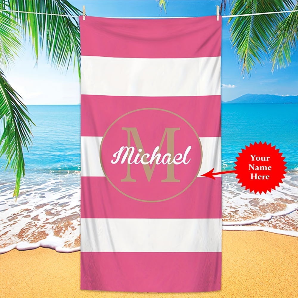 

Custom Monogrammed Microfiber Beach Towel - Personalized Name & Letter Design, Modern Style, Absorbent & Lightweight, Knit Fabric, Versatile For Holidays & More, Quick-dry Oblong Towel, 250gsm